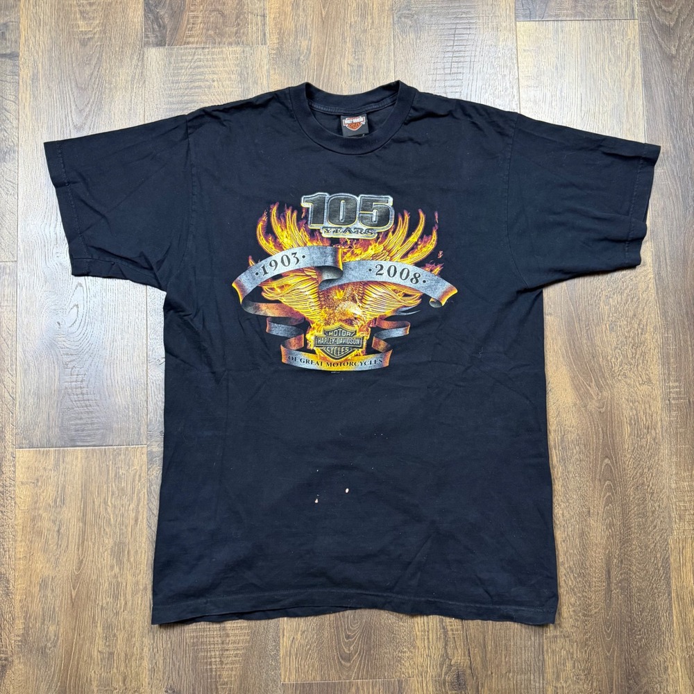 Harley Davidson 105th Anniversary T Shirt XL Black 1903-2008 Eagle Graphic USA